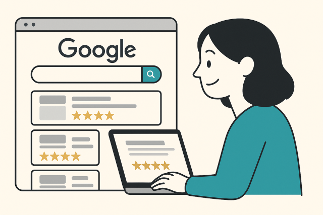 Customer Trust Through Google Reviews Illustration of a happy customer reading Google search results with 5-star ratings on a laptop.