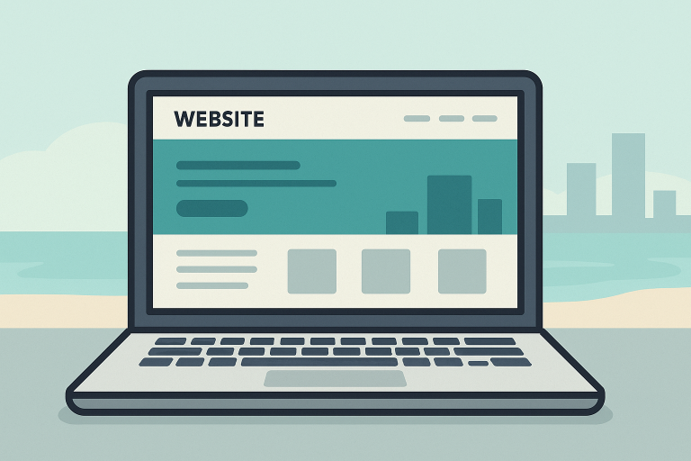 Laptop displaying a clean modern business website with a Perth beach and skyline in the background.