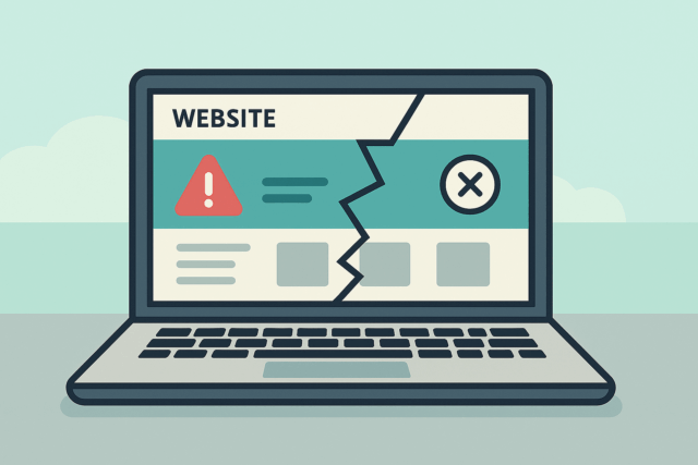 Broken Website Illustration — Cheap Website Pitfalls A flat, minimal illustration of a laptop showing a cracked or glitching website layout, with warning icons indicating common problems associated with cheap or rushed websites.