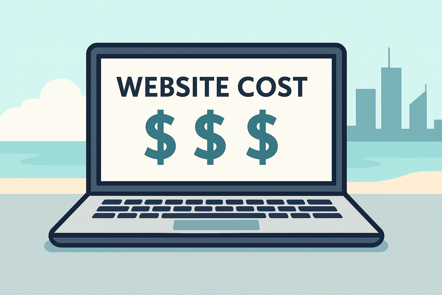 A flat, minimal illustration of a laptop displaying the words “Website Cost” with three dollar symbols, set against a soft coastal Perth skyline with muted teal tones.