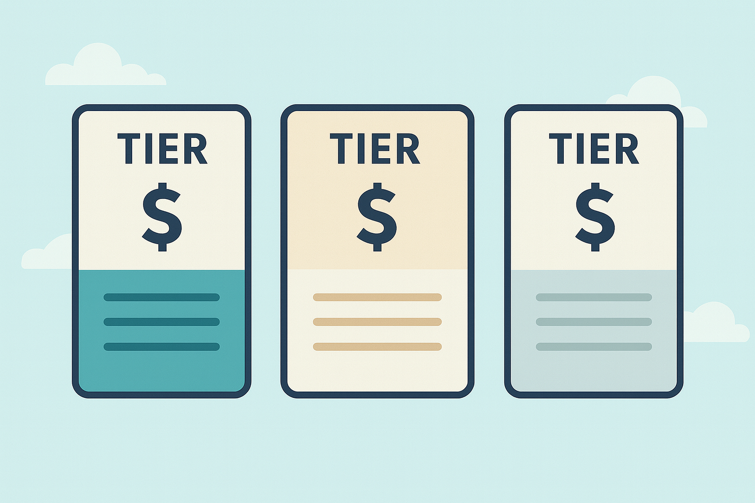 Website Pricing Tiers Illustration — Starter, Standard, Advanced A minimalist illustration showing three website pricing tiers—Starter, Standard, and Advanced—displayed as simple cards in teal, beige, and grey on a soft blue background.