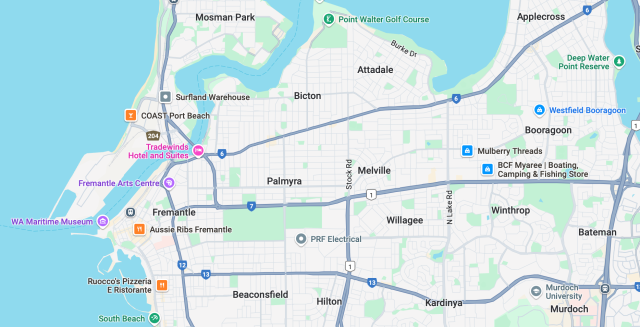 Map of Perth highlighting Fremantle, Beaconsfield, and Melville with location pins.