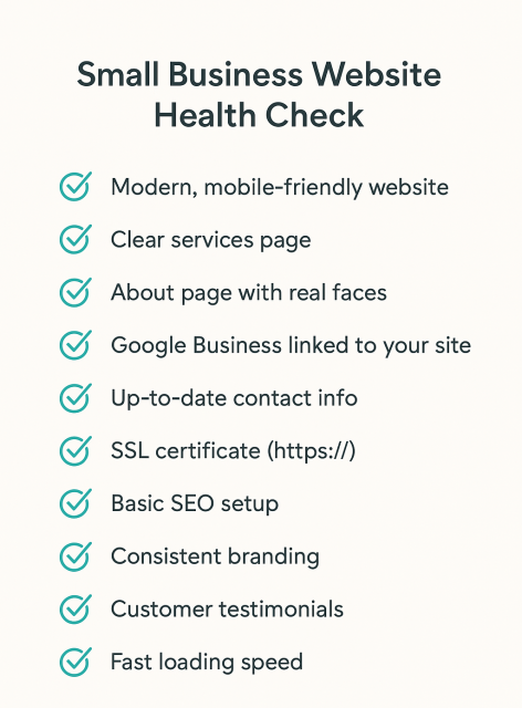 Small Business Website Health Check Checklist graphic showing essential website features for small businesses including mobile-friendly design, SEO setup, and SSL security.